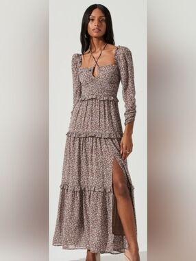 ASTR The Label Lovestruck Midi Dress Women's Size Small Floral Brown Long Sleeve